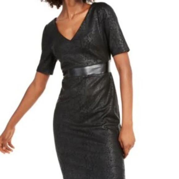 INC Faux Leather Animal Print Bodycon Dress Black Size S Short Sleeve V Neck - Picture 1 of 10